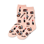Pair of peach crew socks featuring a pattern of lipstick tubes, eyeshadow palettes, makeup brushes, and compact powder. 