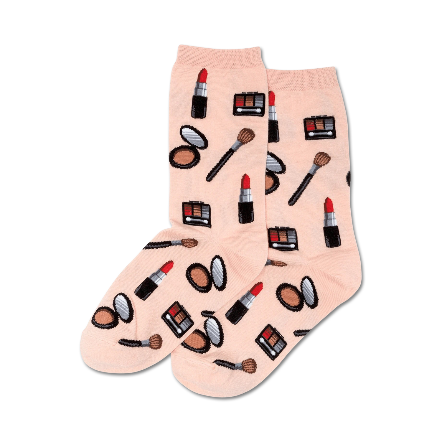 Pair of peach crew socks featuring a pattern of lipstick tubes, eyeshadow palettes, makeup brushes, and compact powder. 