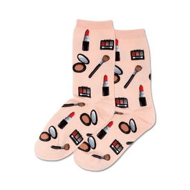 pink crew socks with makeup items pattern for women.   