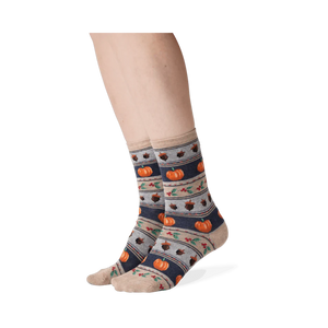 Lifestyle shot showing the Thanksgiving Fairisle socks on a person's legs.