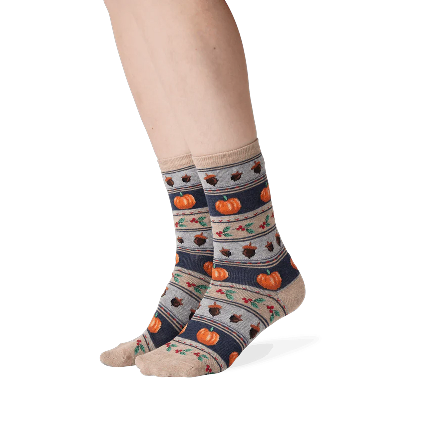Lifestyle shot showing the Thanksgiving Fairisle socks on a person's legs.