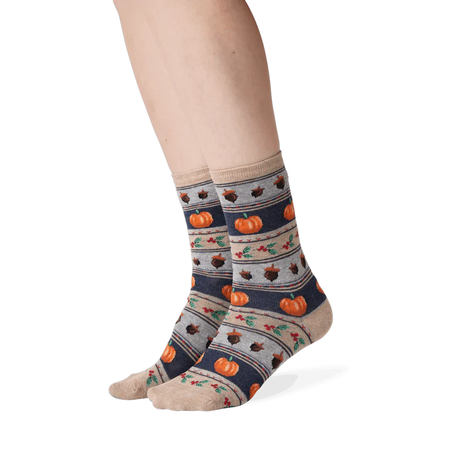 Lifestyle shot showing the Thanksgiving Fairisle socks on a person's legs.