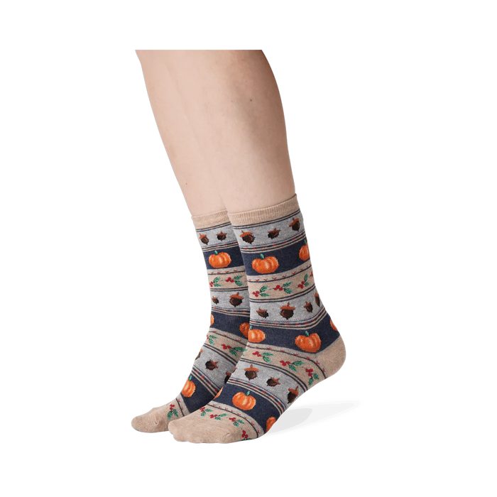 Lifestyle shot showing the Thanksgiving Fairisle socks on a person's legs.