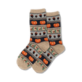 Pair of women's crew socks in beige, navy, and orange. Features a Fair Isle pattern with pumpkins, acorns, and holly.