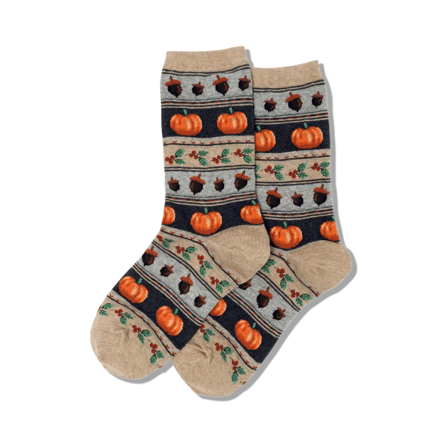 Pair of women's crew socks in beige, navy, and orange. Features a Fair Isle pattern with pumpkins, acorns, and holly.