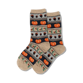 womens thanksgiving themed crew socks in brown, black, and orange fairisle pattern with pumpkins, acorns, and holly leaves.   