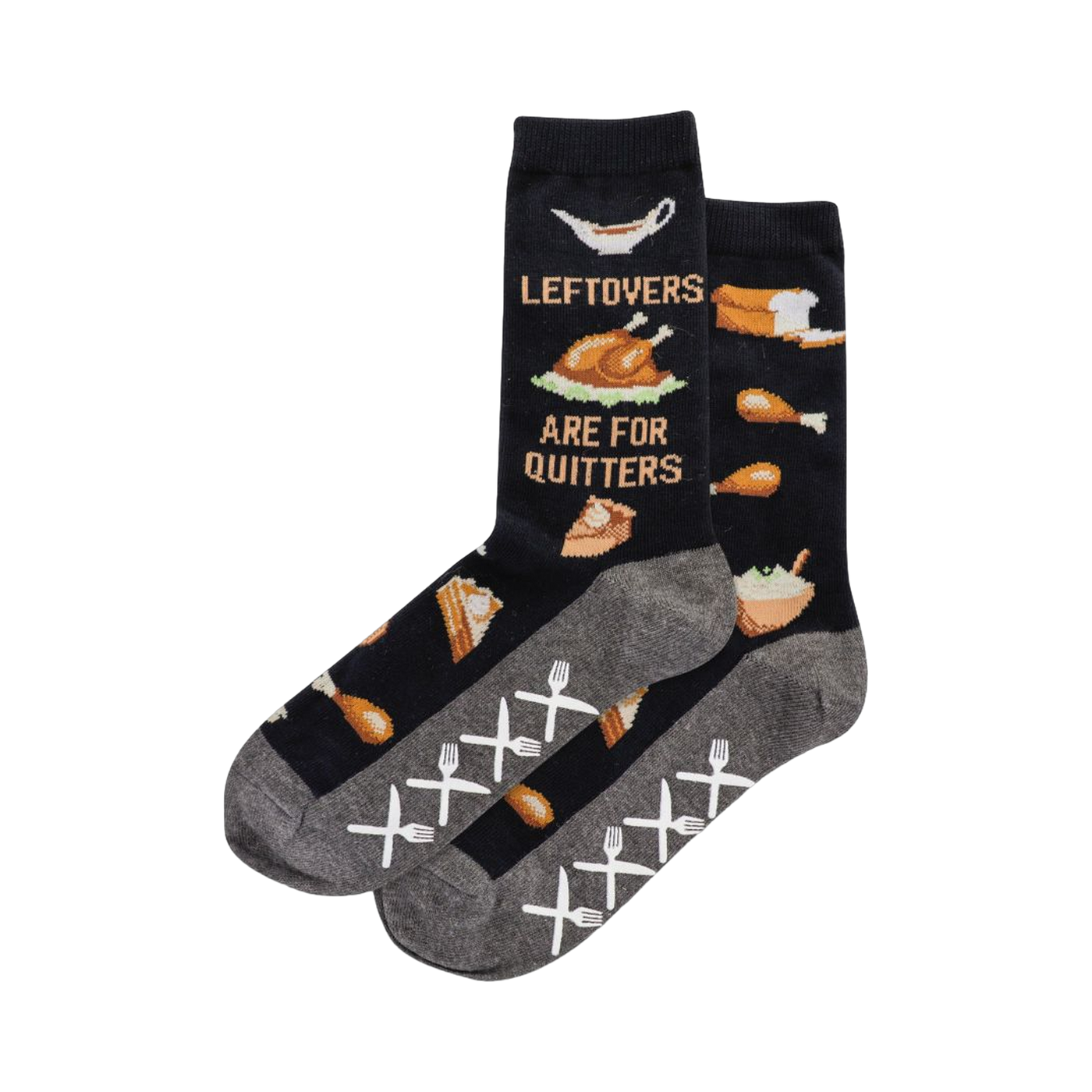 Crew socks in navy blue feature a Thanksgiving-themed pattern including turkey, pie, and bread.  The saying 'Leftovers Are For Quitters' is shown.