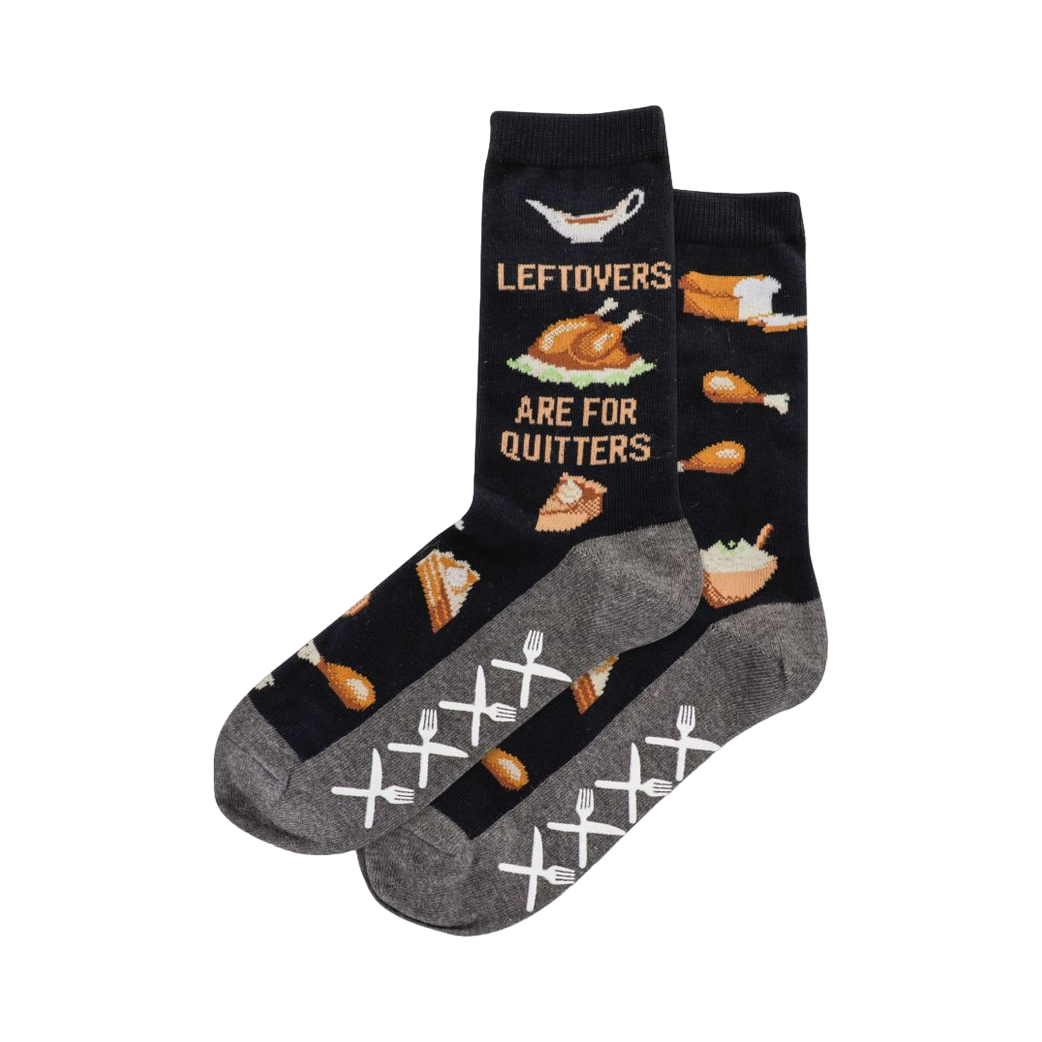 Crew socks in navy blue feature a Thanksgiving-themed pattern including turkey, pie, and bread.  The saying 'Leftovers Are For Quitters' is shown.