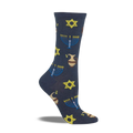 A single dark blue crew sock features yellow Stars of David, blue menorahs, and brown oil jugs in a repeating pattern.