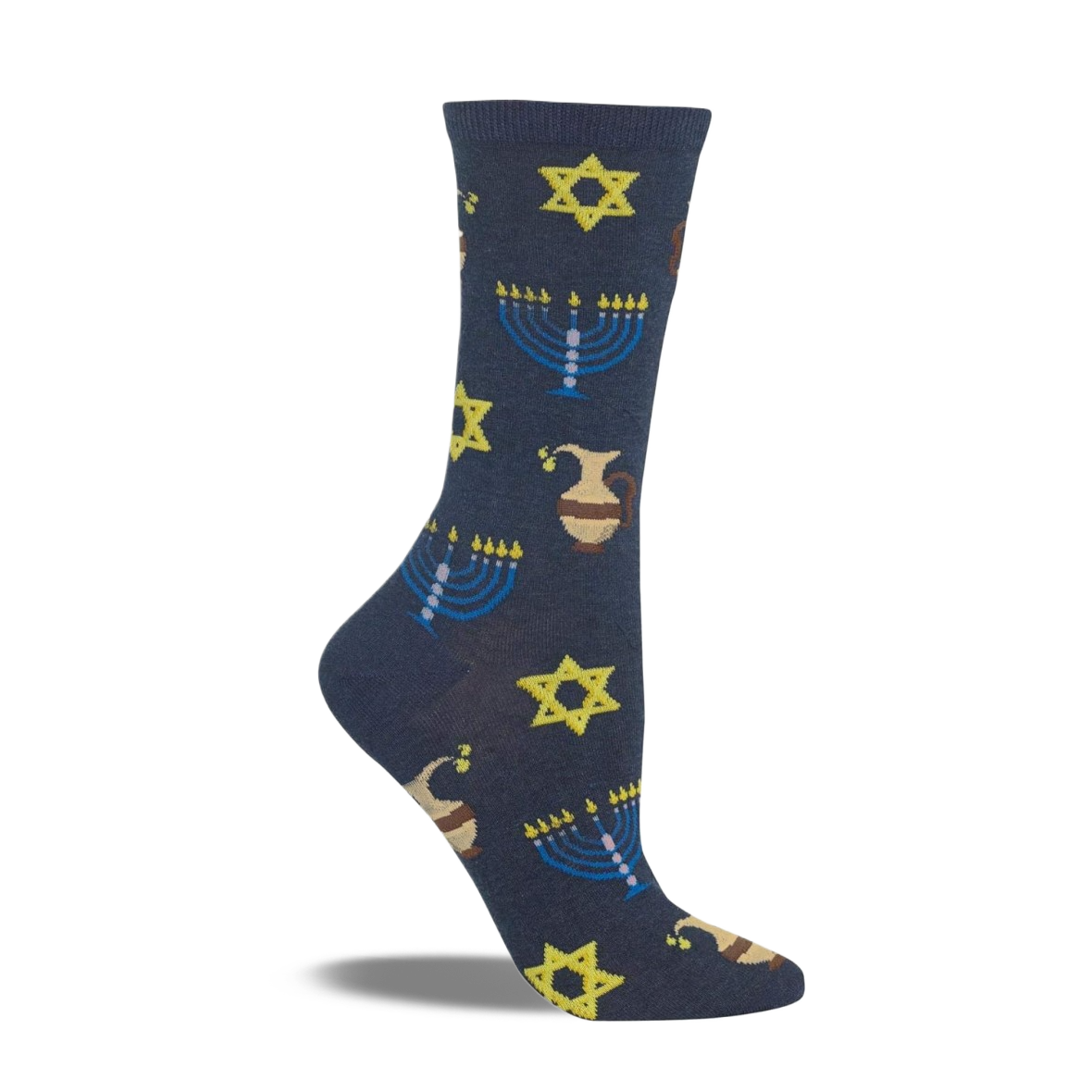 A single dark blue crew sock features yellow Stars of David, blue menorahs, and brown oil jugs in a repeating pattern.