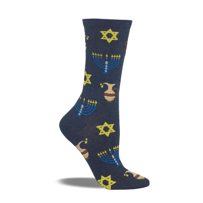 A single dark blue crew sock features yellow Stars of David, blue menorahs, and brown oil jugs in a repeating pattern.