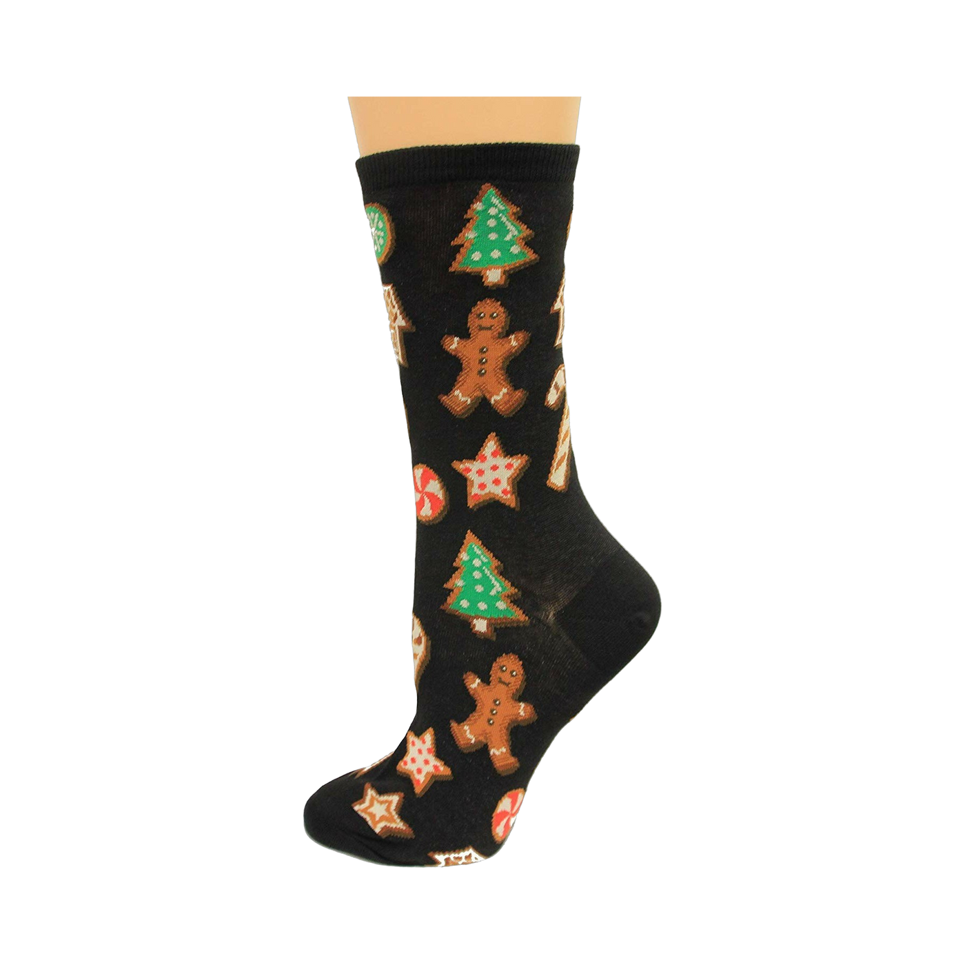 Black crew socks with a fun Christmas cookie pattern.  Gingerbread men, candy canes, stars, and Christmas trees are featured in red, green, and brown.