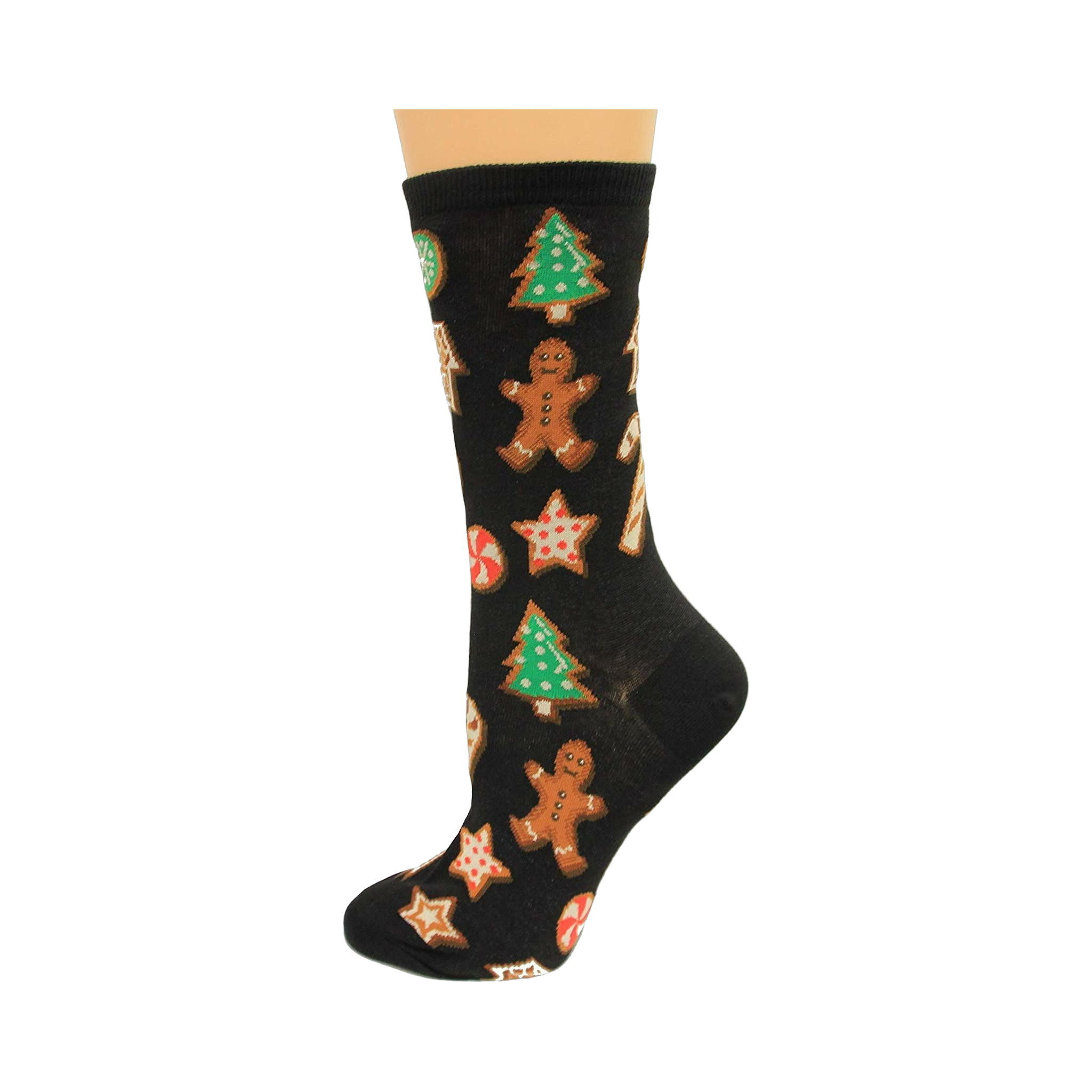 Black crew socks with a fun Christmas cookie pattern.  Gingerbread men, candy canes, stars, and Christmas trees are featured in red, green, and brown.