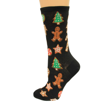 black crew socks with christmas-themed patterns (gingerbread men, candy canes, christmas trees) for women.  