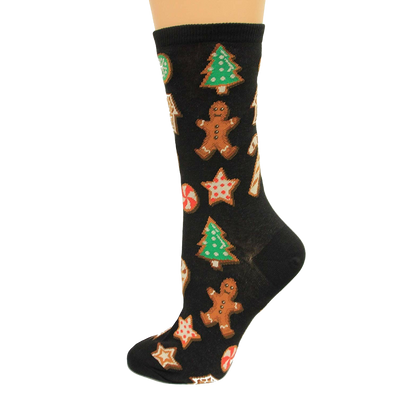 black crew socks with christmas-themed patterns (gingerbread men, candy canes, christmas trees) for women.  