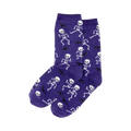 Pair of purple crew socks featuring a pattern of white dancing skeletons and black bats.