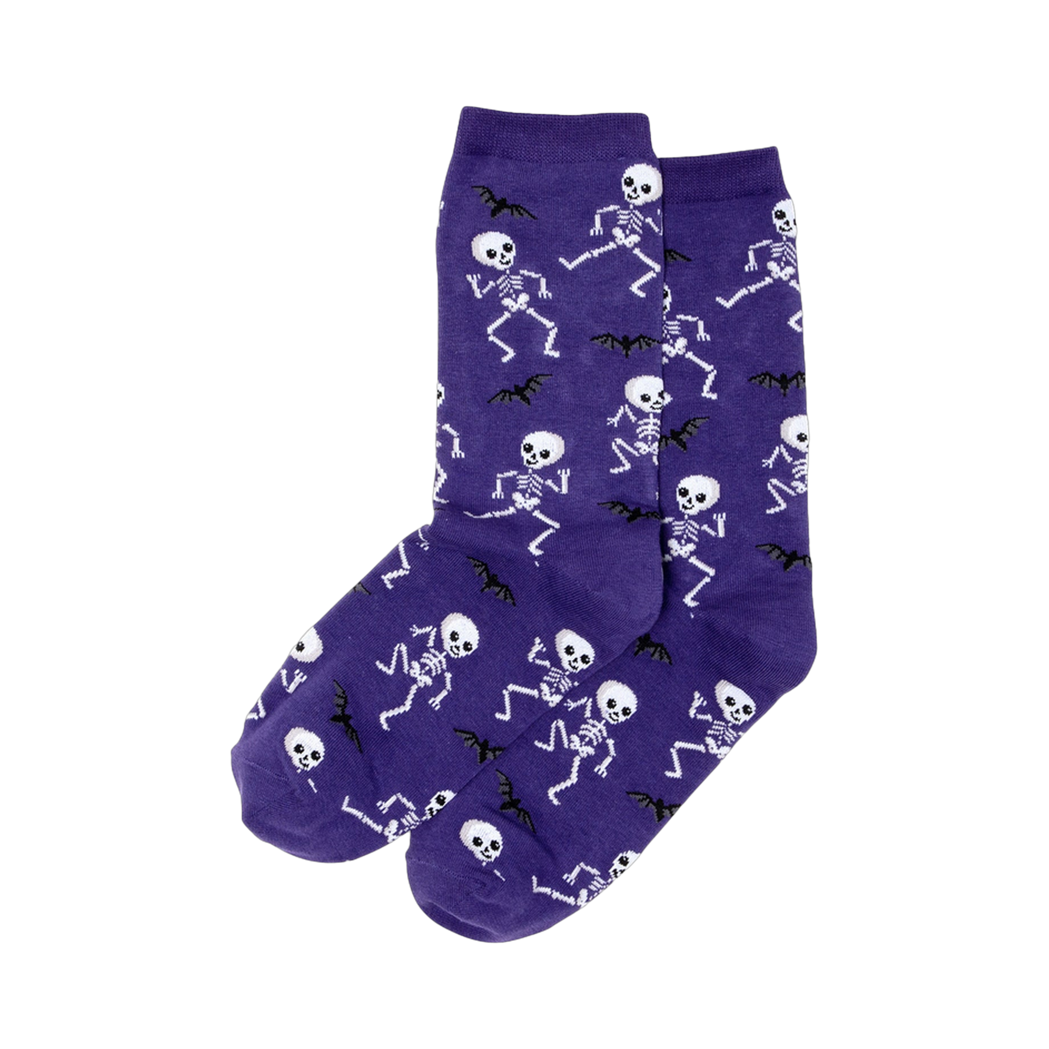 Pair of purple crew socks featuring a pattern of white dancing skeletons and black bats.