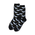 Pair of black crew socks with a repeating pattern of light blue narwhals and gold tusks.