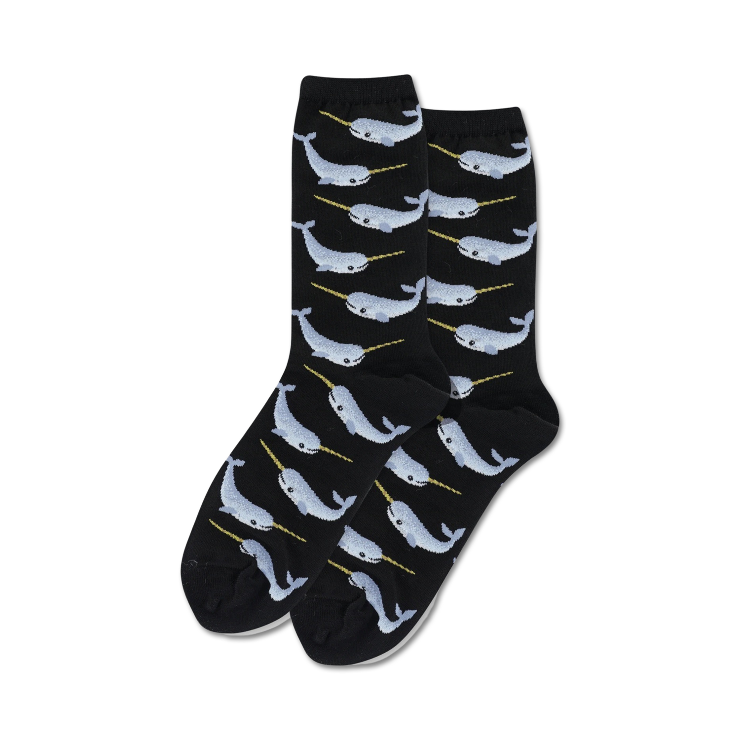 Pair of black crew socks with a repeating pattern of light blue narwhals and gold tusks.