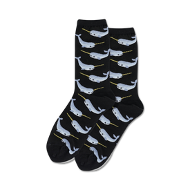 black crew socks with an allover pattern of cartoon narwhals with gold horns.  