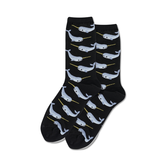 black crew socks with an allover pattern of cartoon narwhals with gold horns.  