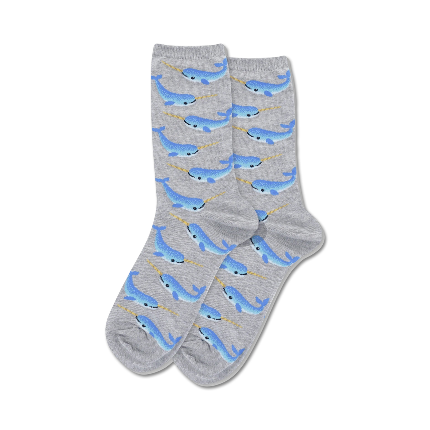 Lifestyle shot showing the grey narwhal socks on a person's feet.