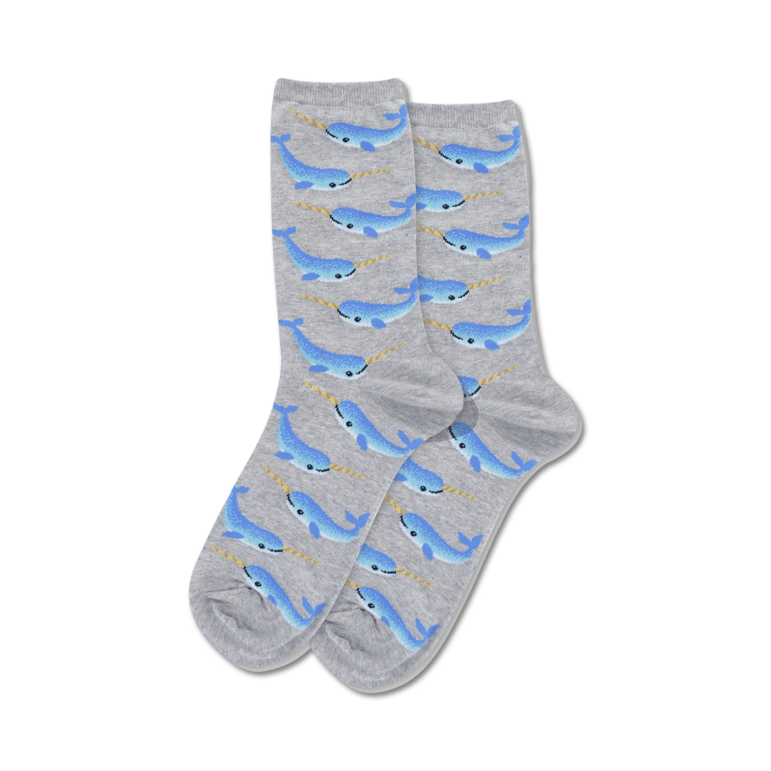 Lifestyle shot showing the grey narwhal socks on a person's feet.