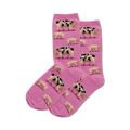Pair of pink crew socks with a repeating pattern of spotted pigs.  The pigs are brown and black on a light pink background.