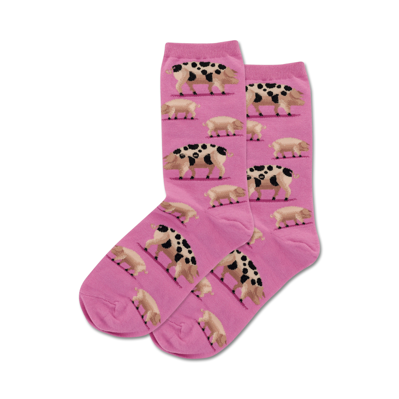 Pair of pink crew socks with a repeating pattern of spotted pigs.  The pigs are brown and black on a light pink background.