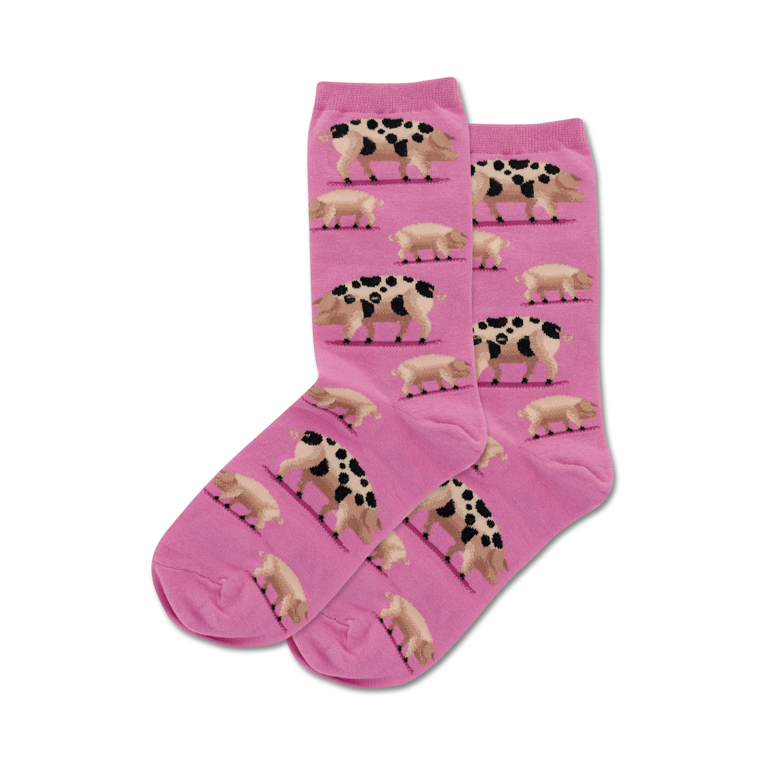 Pair of pink crew socks with a repeating pattern of spotted pigs.  The pigs are brown and black on a light pink background.