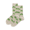 Pair of tan crew socks with a repeating pattern of cute green turtles. 
