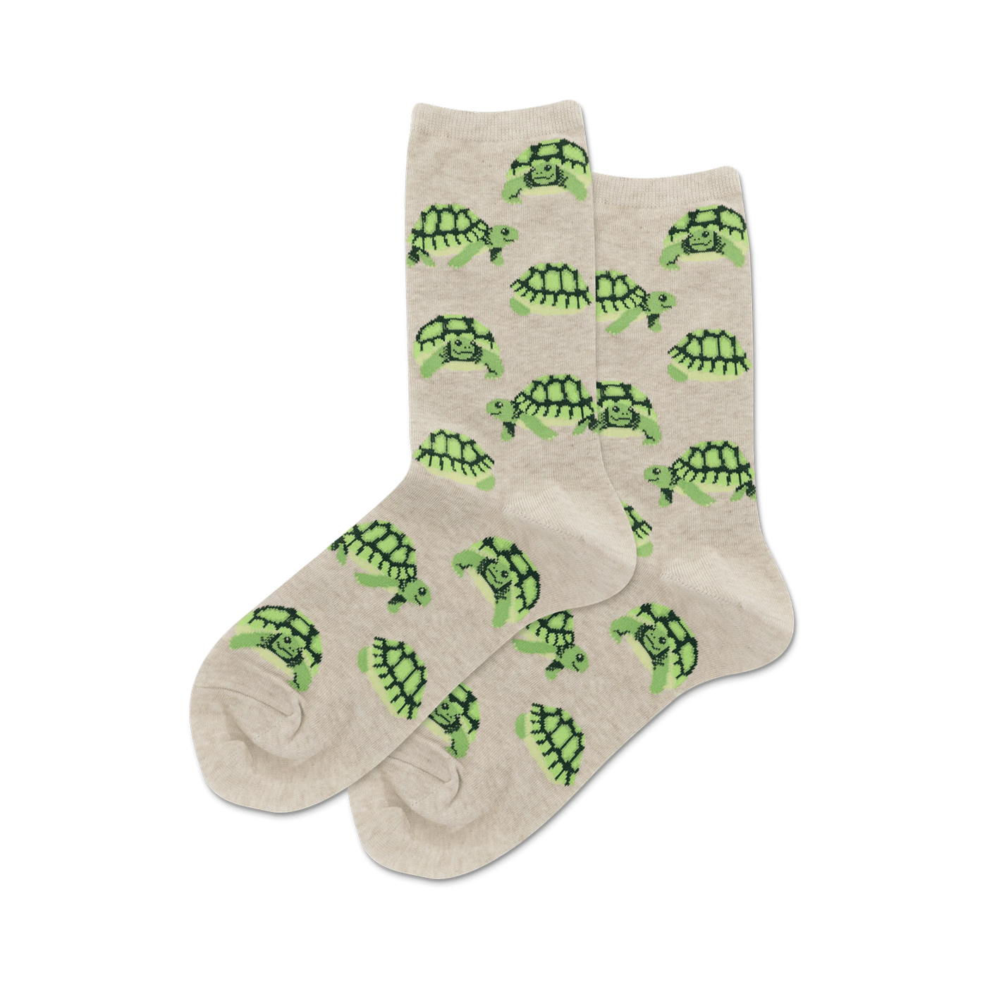 Pair of tan crew socks with a repeating pattern of cute green turtles. 