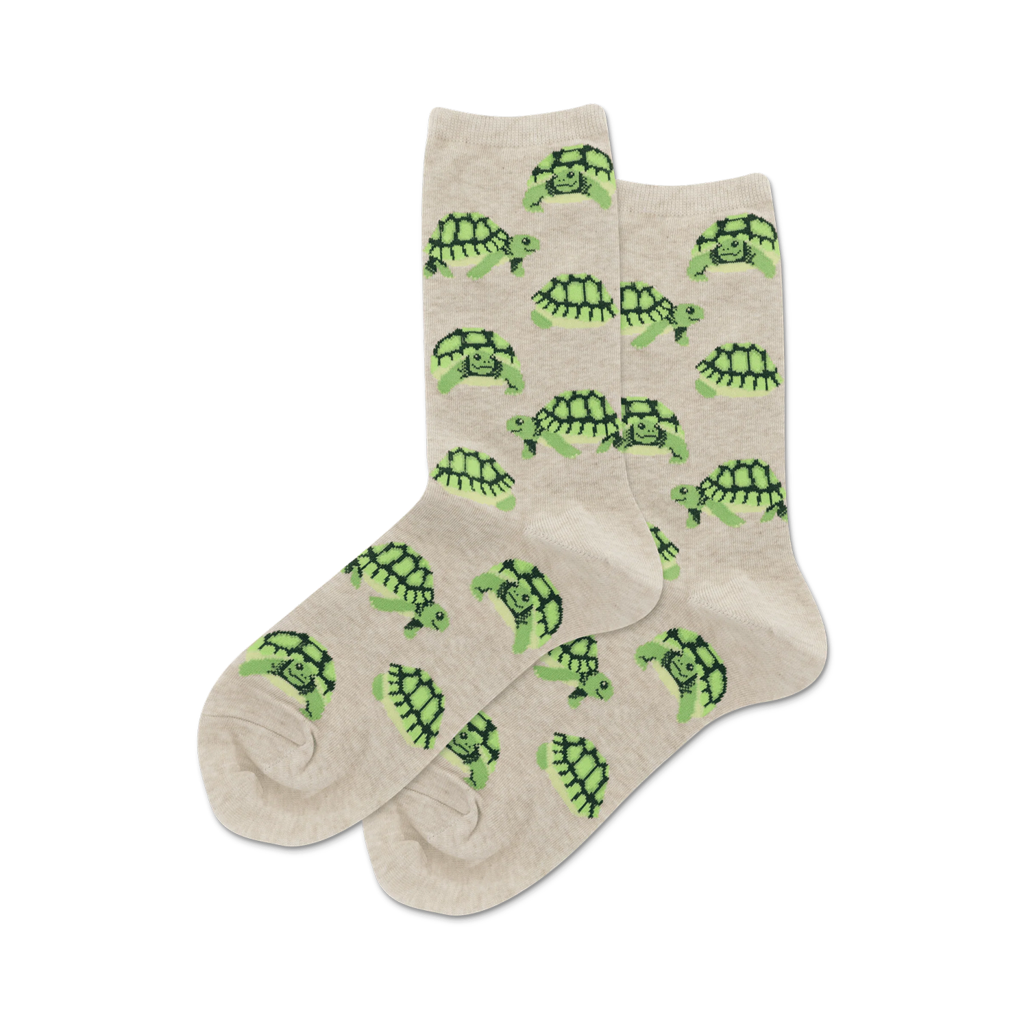 Pair of tan crew socks with a repeating pattern of cute green turtles. 