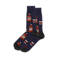 Pair of crew socks in navy, grey, and tan; featuring a repeating pattern of illustrated bourbon bottles and glasses.