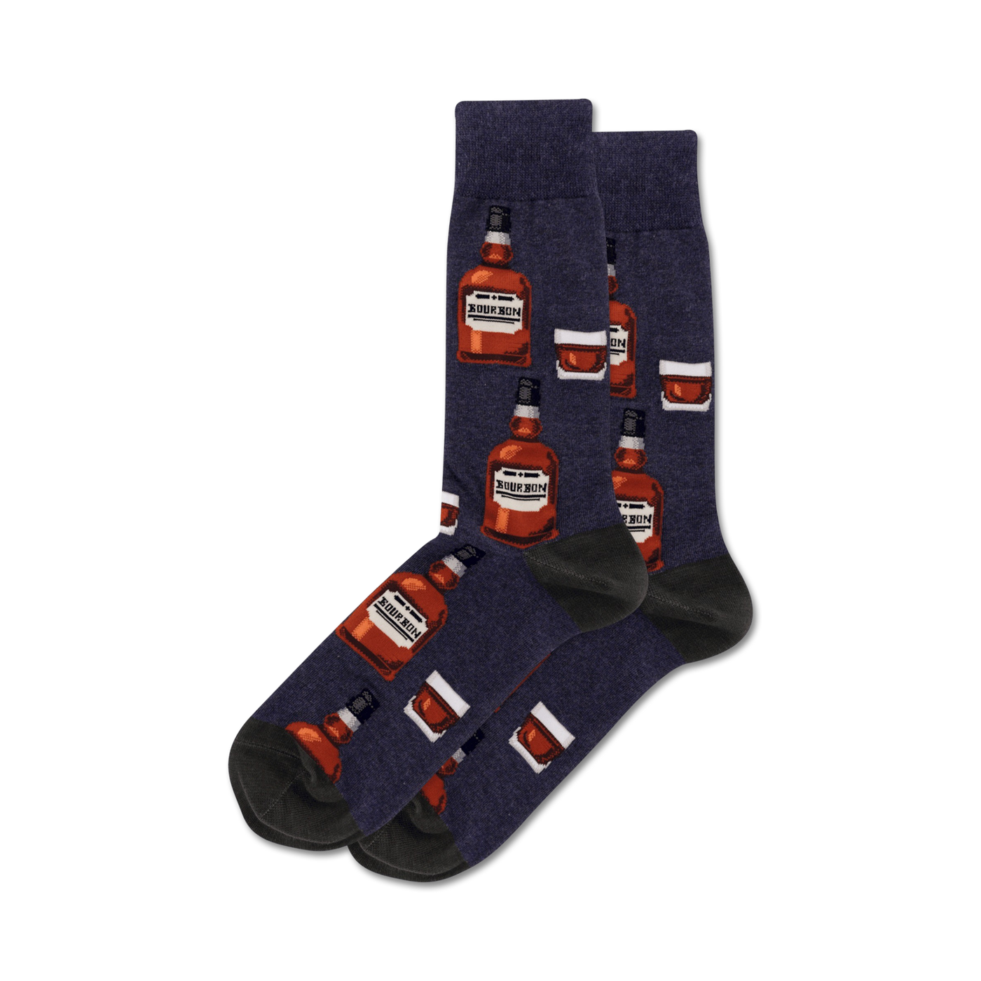 Pair of crew socks in navy, grey, and tan; featuring a repeating pattern of illustrated bourbon bottles and glasses.