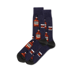 Pair of crew socks in navy, grey, and tan; featuring a repeating pattern of illustrated bourbon bottles and glasses.