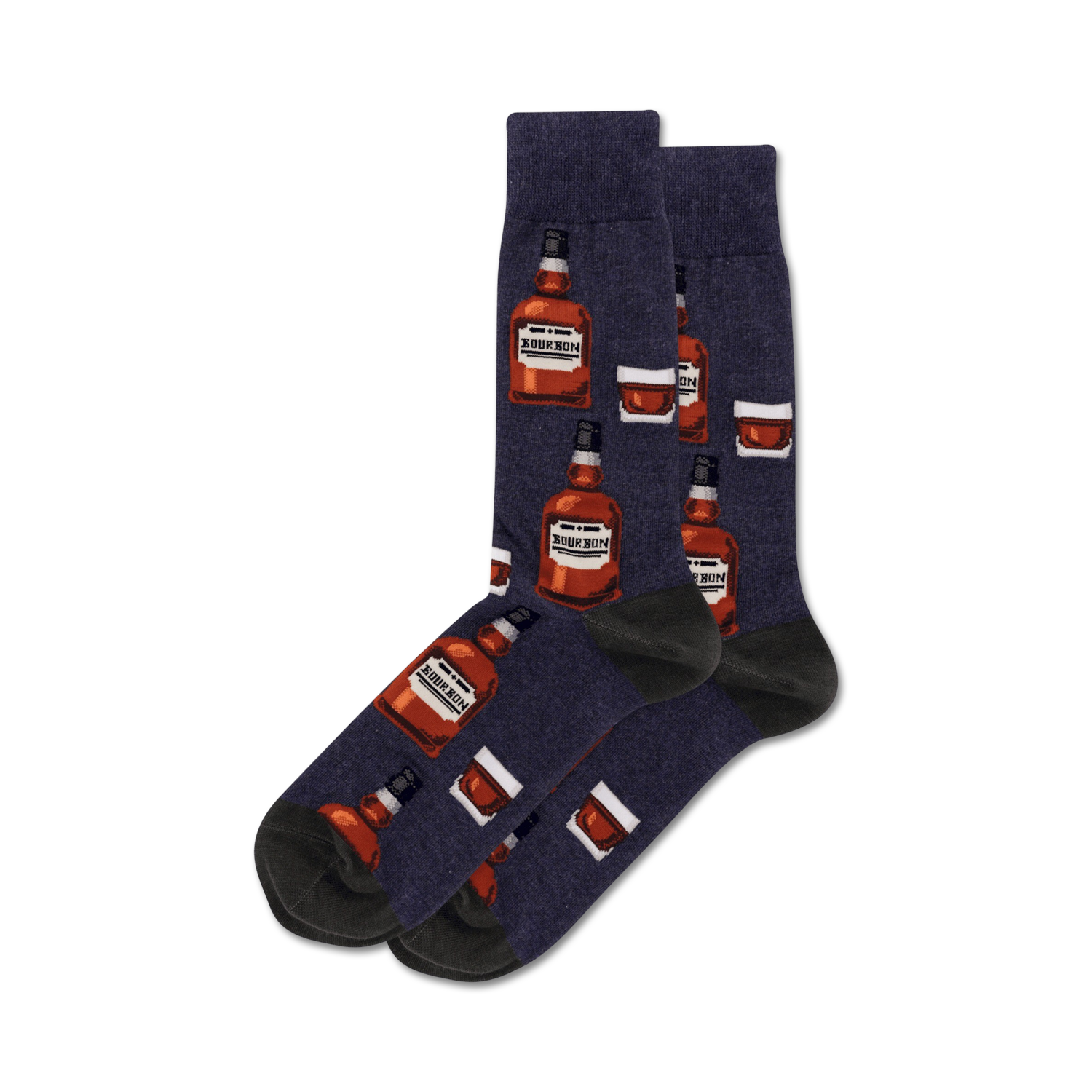 Pair of crew socks in navy, grey, and tan; featuring a repeating pattern of illustrated bourbon bottles and glasses.