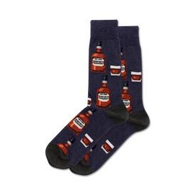 socks: crew length socks with whiskey bottle and glass design, dark blue, men's size  