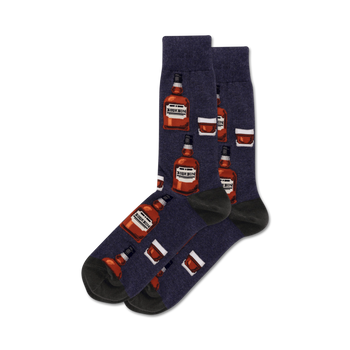 socks: crew length socks with whiskey bottle and glass design, dark blue, men's size  