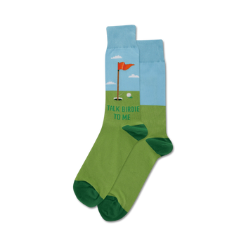 mens golf-themed crew socks with "talk birdie to me" etched on the leg, featuring a golf course, green, and flag design.  