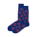 Pair of blue crew socks with a repeating pattern of pink octopus illustrations.