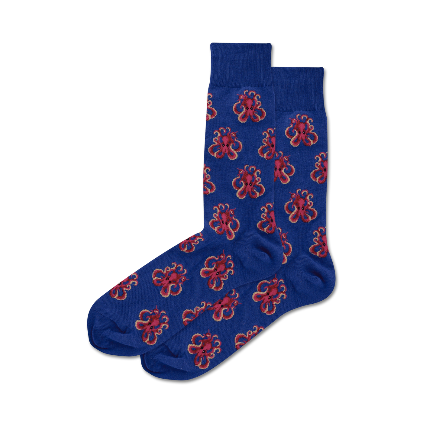 Pair of blue crew socks with a repeating pattern of pink octopus illustrations.
