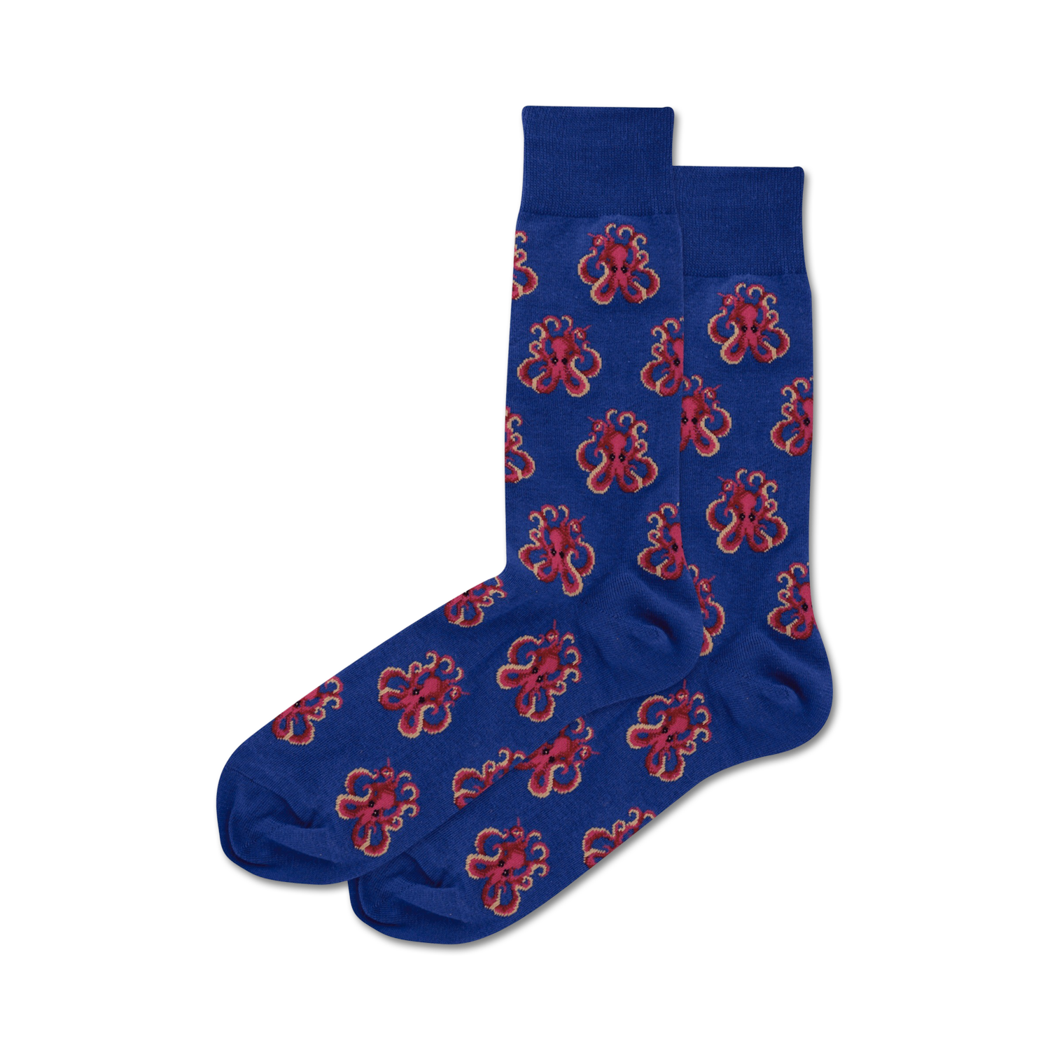 Pair of blue crew socks with a repeating pattern of pink octopus illustrations.