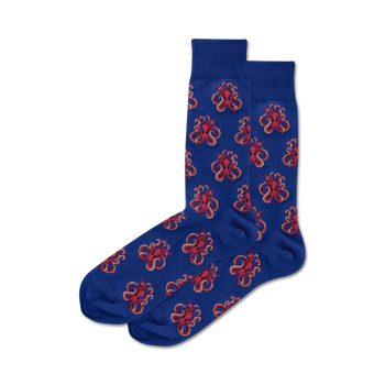 blue crew socks with red octopus pattern for men.  