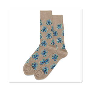 mens blue octopus pattern crew socks in light brown base color.  