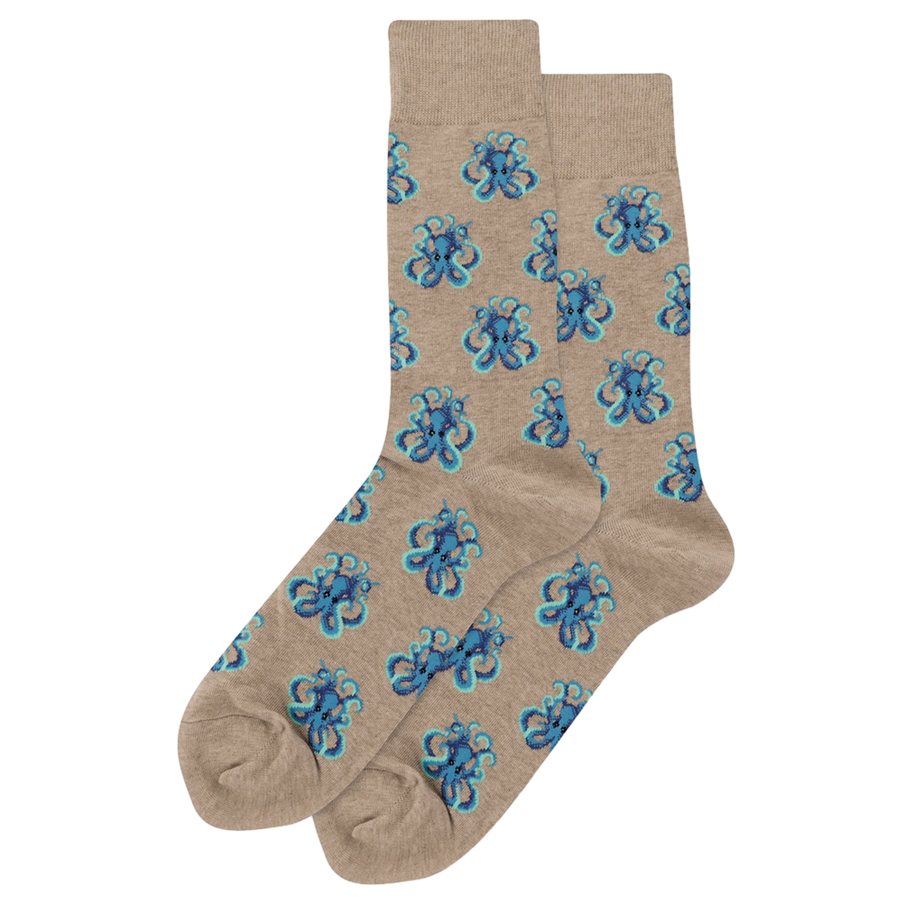 Lifestyle shot of a pair of tan crew socks with blue octopus designs. The socks are casually displayed on a white background.