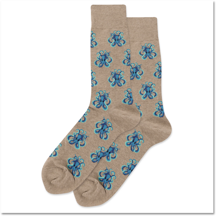 Lifestyle shot of a pair of tan crew socks with blue octopus designs. The socks are casually displayed on a white background.