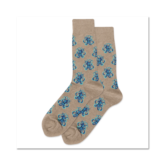 mens blue octopus pattern crew socks in light brown base color.  