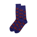 Pair of purple crew socks with a repeating pattern of reddish-brown crabs.  The crabs are detailed and the socks are folded.
