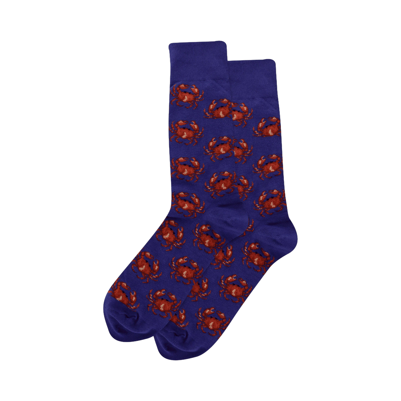 Pair of purple crew socks with a repeating pattern of reddish-brown crabs.  The crabs are detailed and the socks are folded.